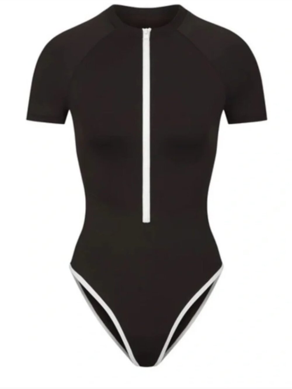 Skims Sporty Zipper Swim Mock Neck One Piece Bathing Suit in Onyx - Size L